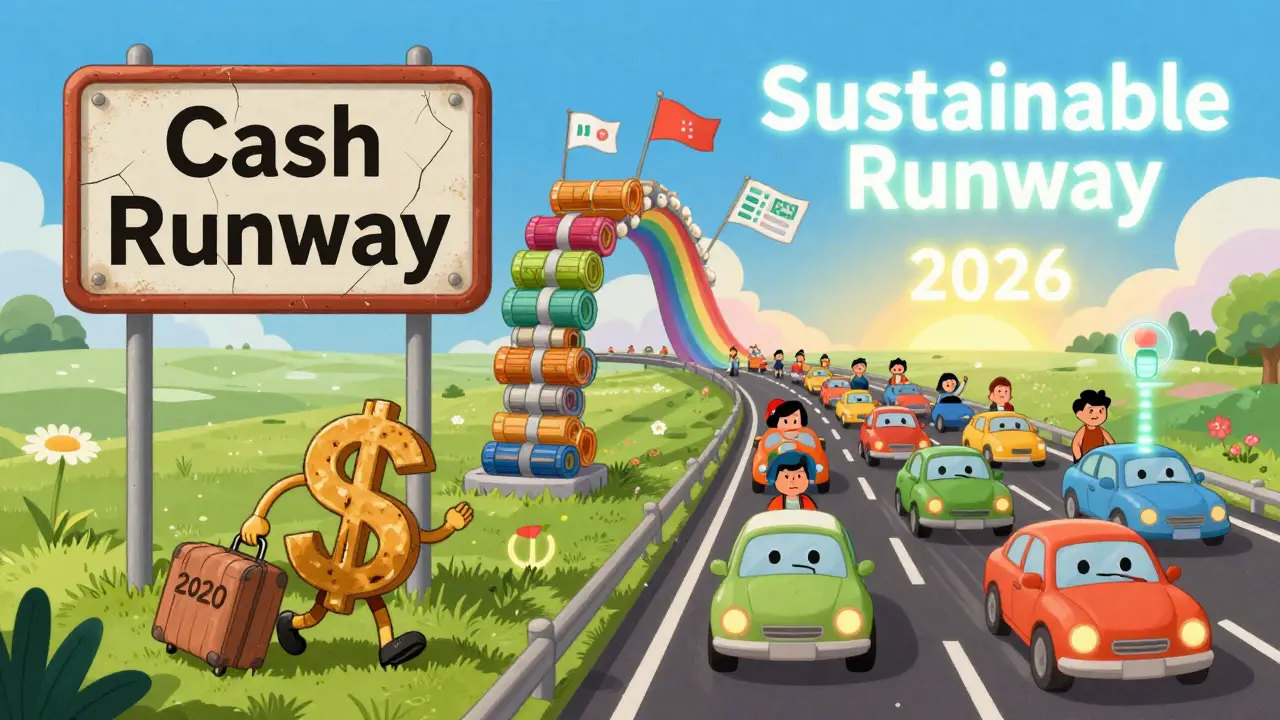 A cracked old 'Cash Runway' sign contrasts with a vibrant 'Sustainable Runway' highway filled with supply chain cars heading toward 2026.
