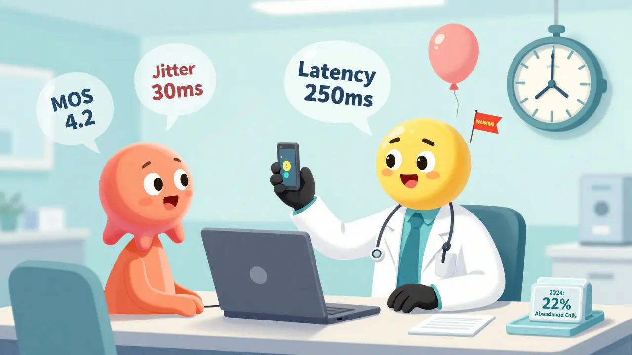 A doctor on a wobbly video call with floating healthcare VoIP metrics, one labeled '22% Abandoned Calls' with a sad clock.