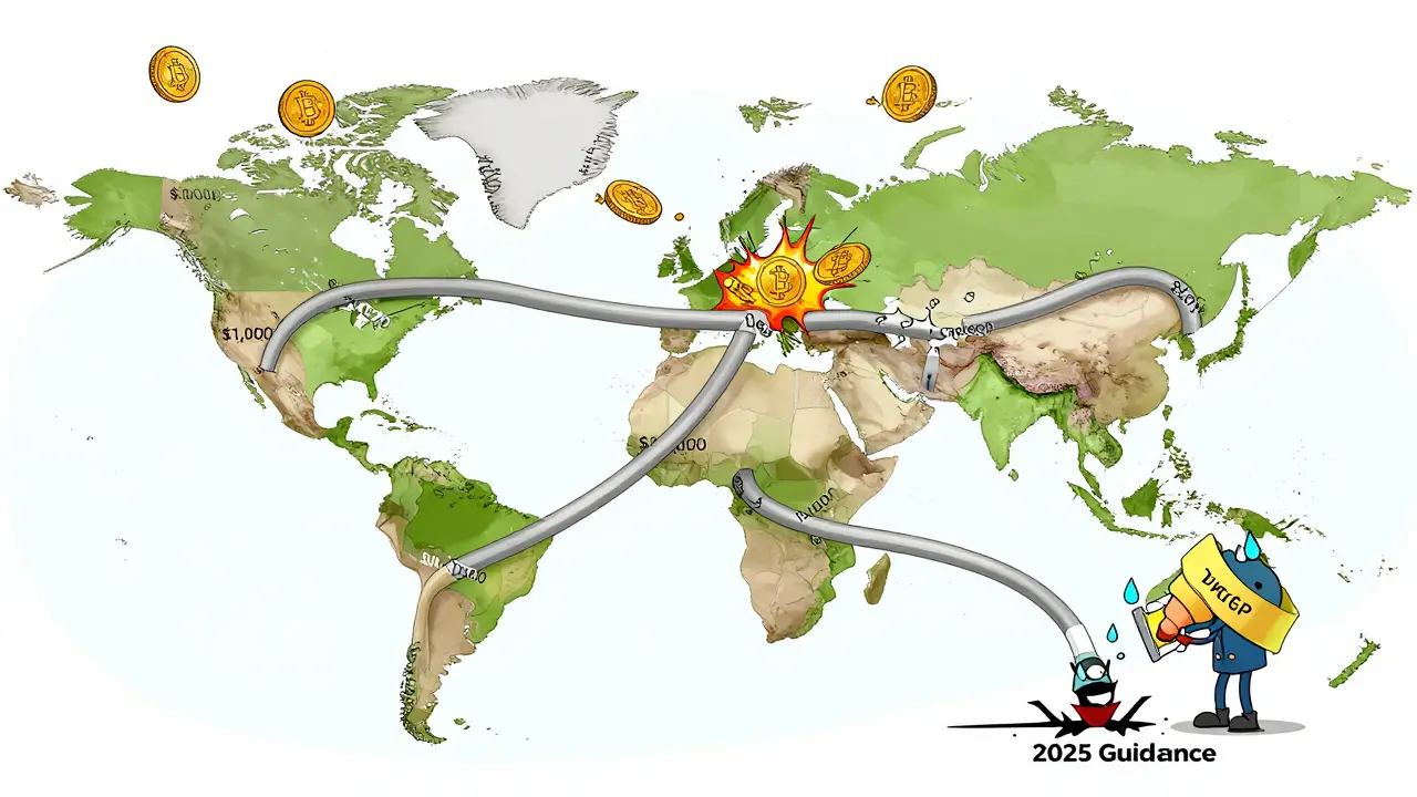 A global map of mismatched crypto thresholds shown as tangled hoses, with a VASP worker struggling to fix a DeFi leak.