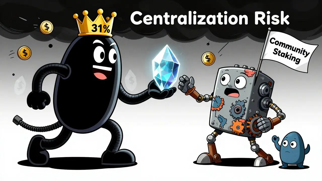 A Lido mascot and Rocket Pool robot compete for an ETH crystal as tiny ETH tokens flee from a centralization risk cloud.