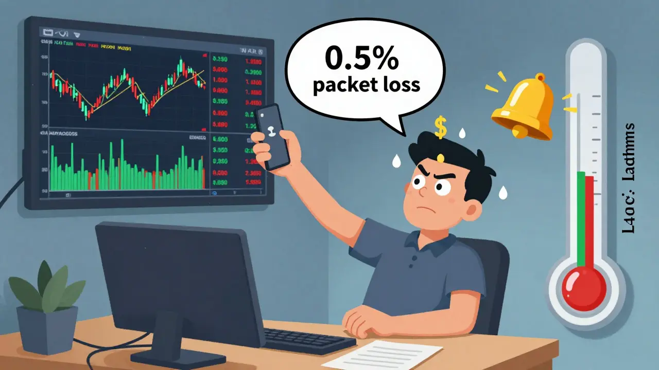 A nervous financial trader with a floating phone and dollar-sign sweat, near a latency thermometer barely in acceptable range.