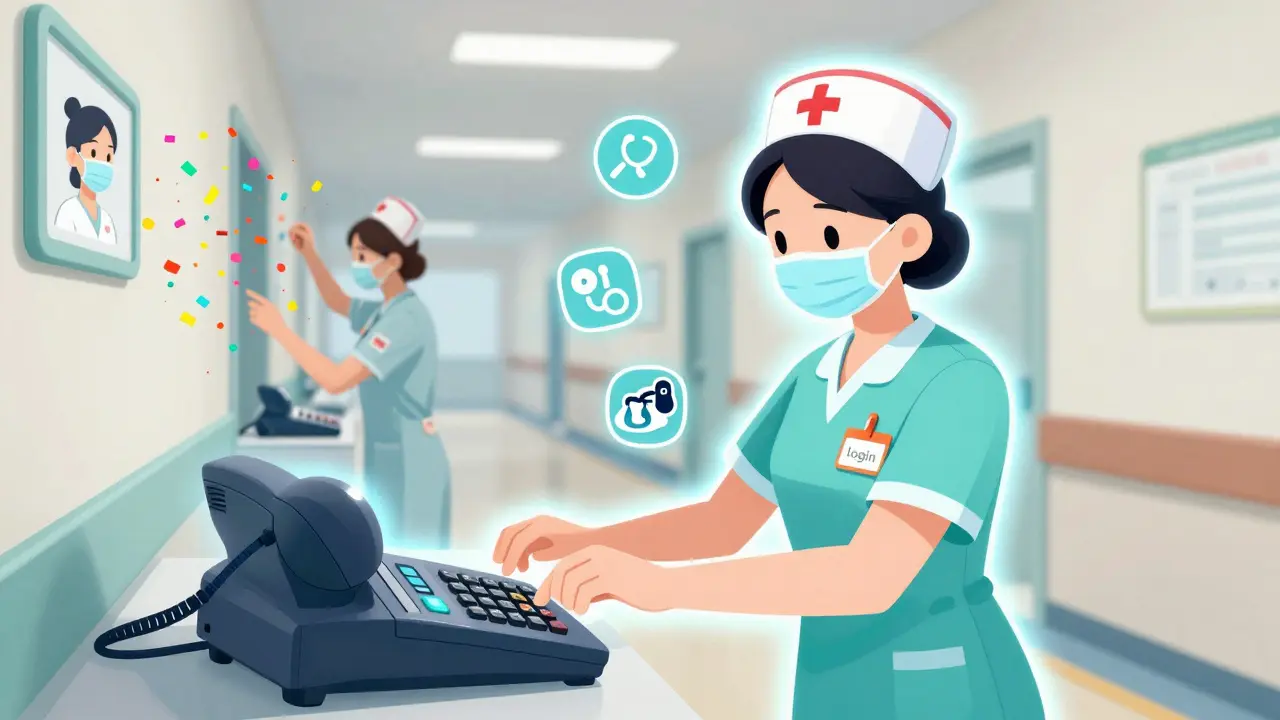 A nurse logs into a hospital phone, transforming into a glowing outline with medical symbols around them.