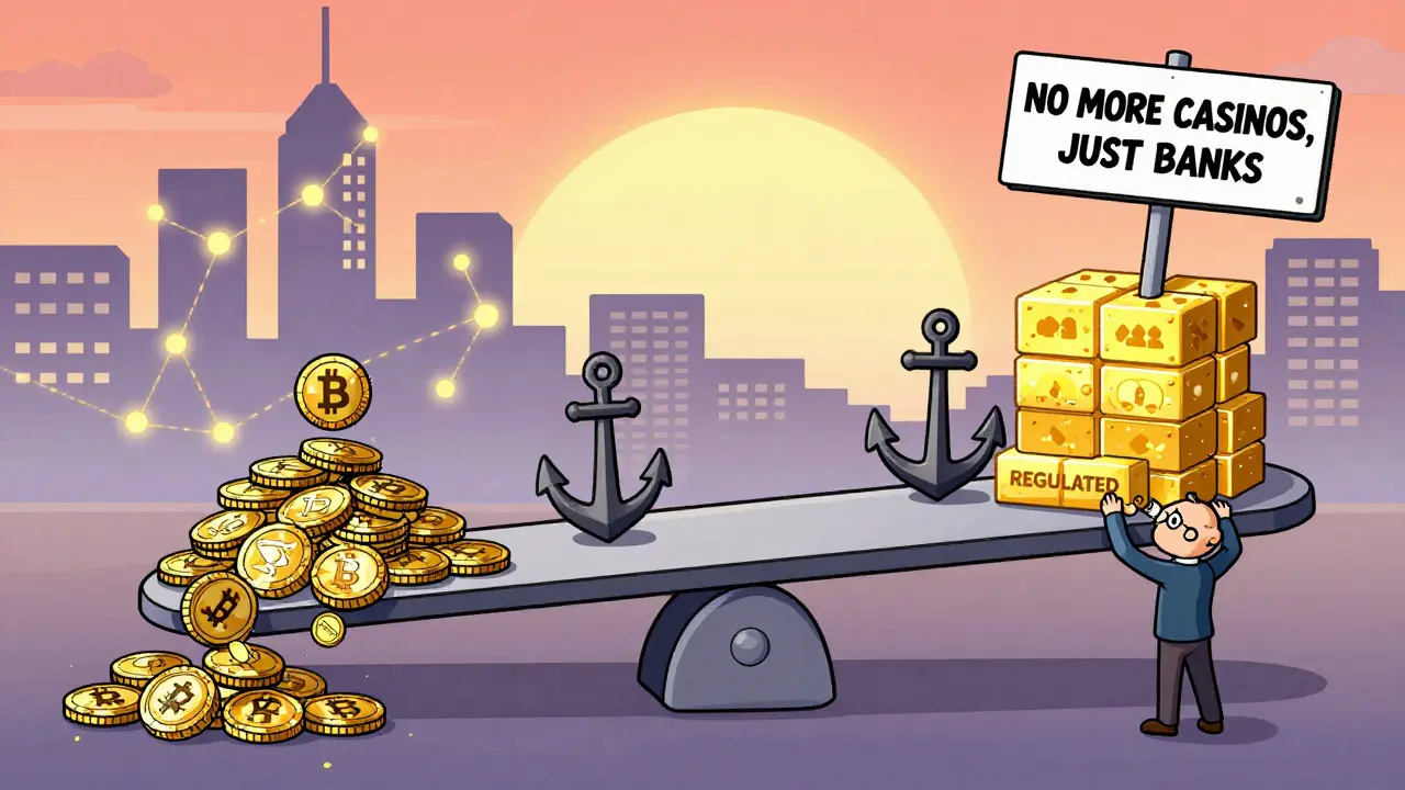 A seesaw balancing risky crypto tokens against stable assets, with a treasurer adjusting weights under a blockchain skyline.