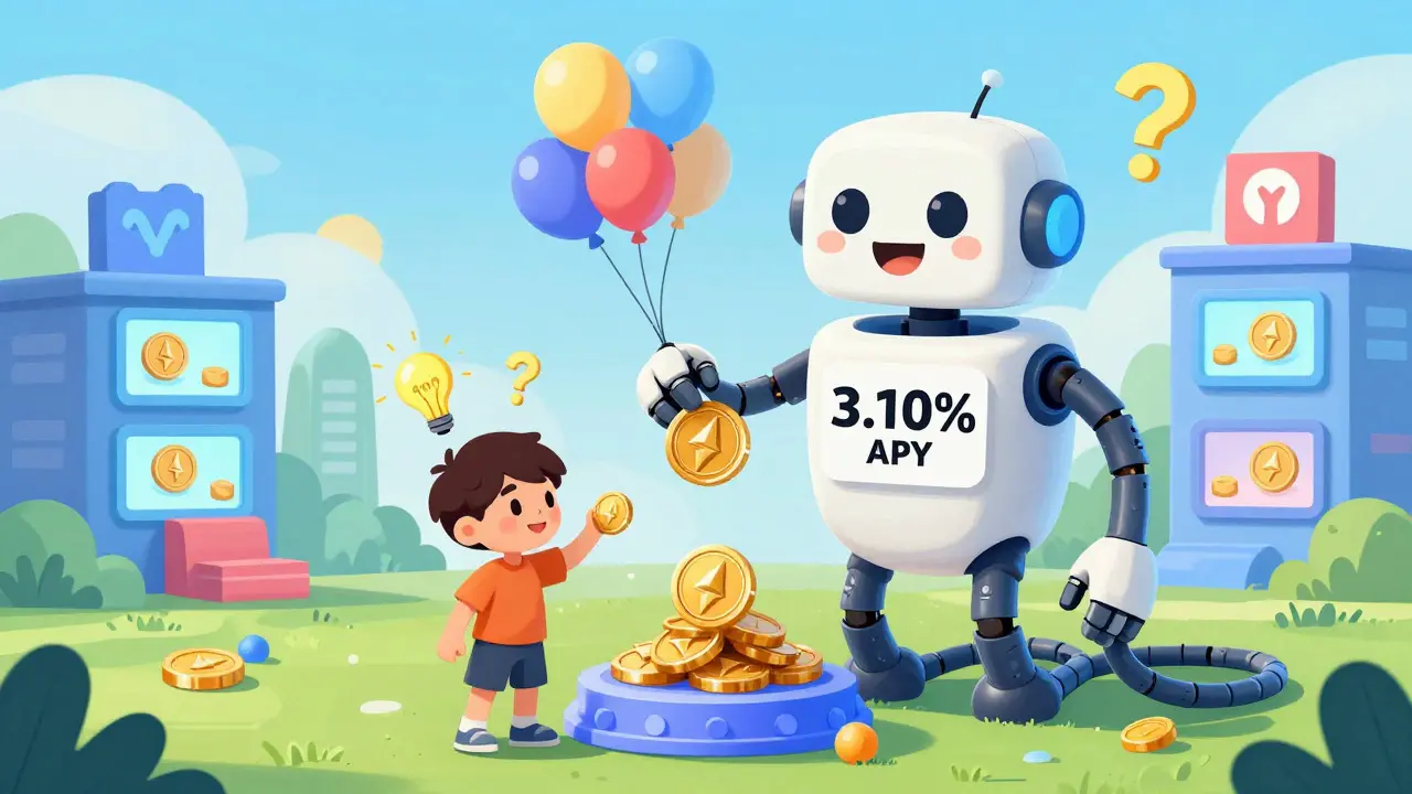 A small user stands next to a friendly Lido robot that lifts ETH into a staking portal while DeFi buildings glow in the background.