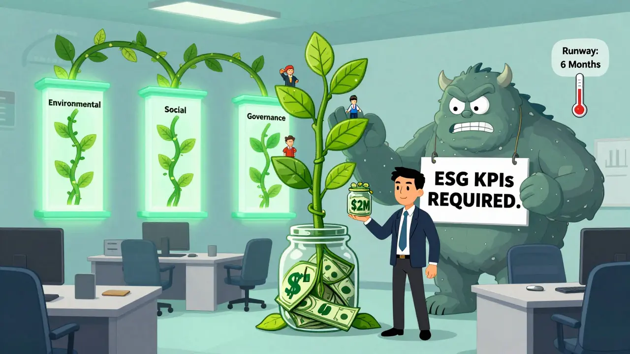 A startup's cash jar is being transformed into a plant by glowing environmental, social, and governance pillars as a bank monster demands ESG metrics.