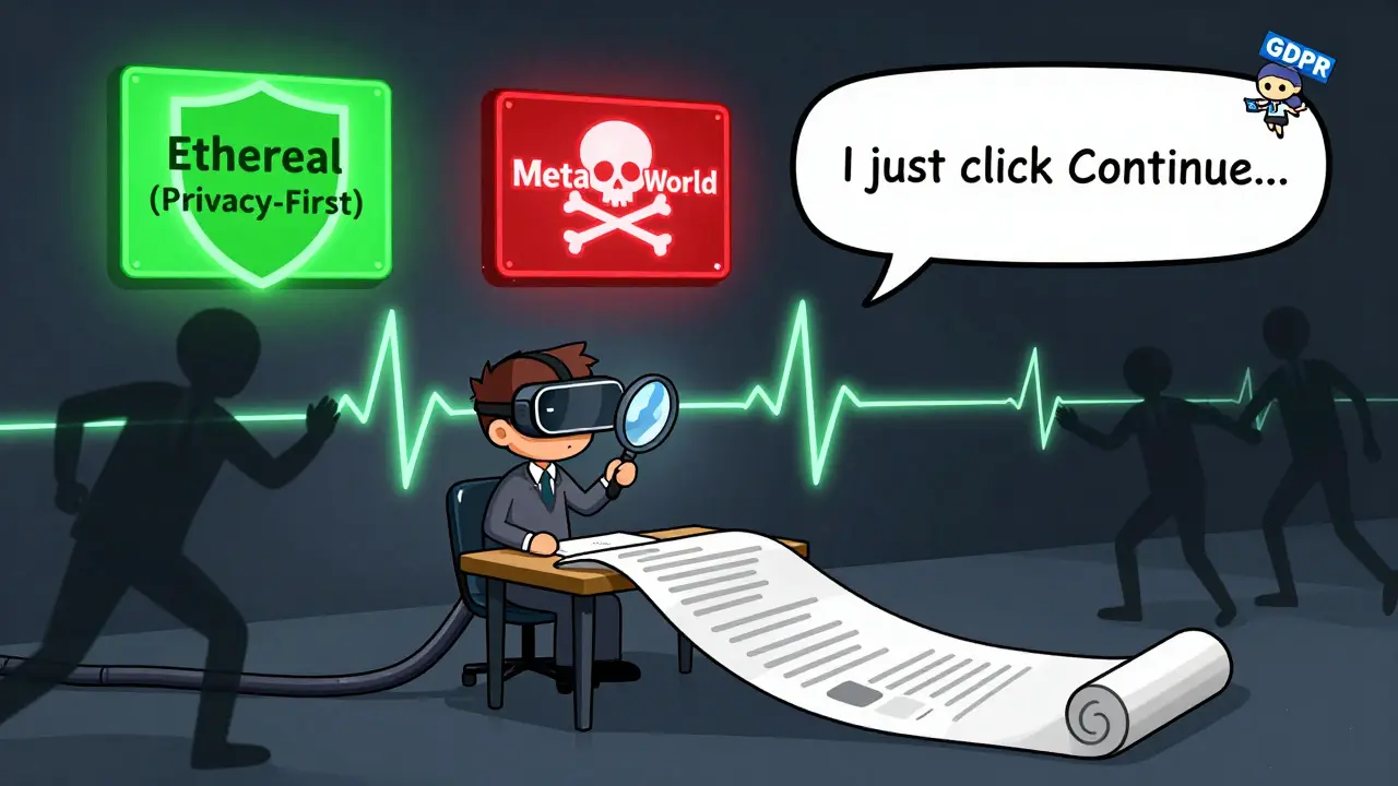 A user reading a long privacy policy as shadowy figures try to steal their voice and gait, with two contrasting metaverse platforms visible.