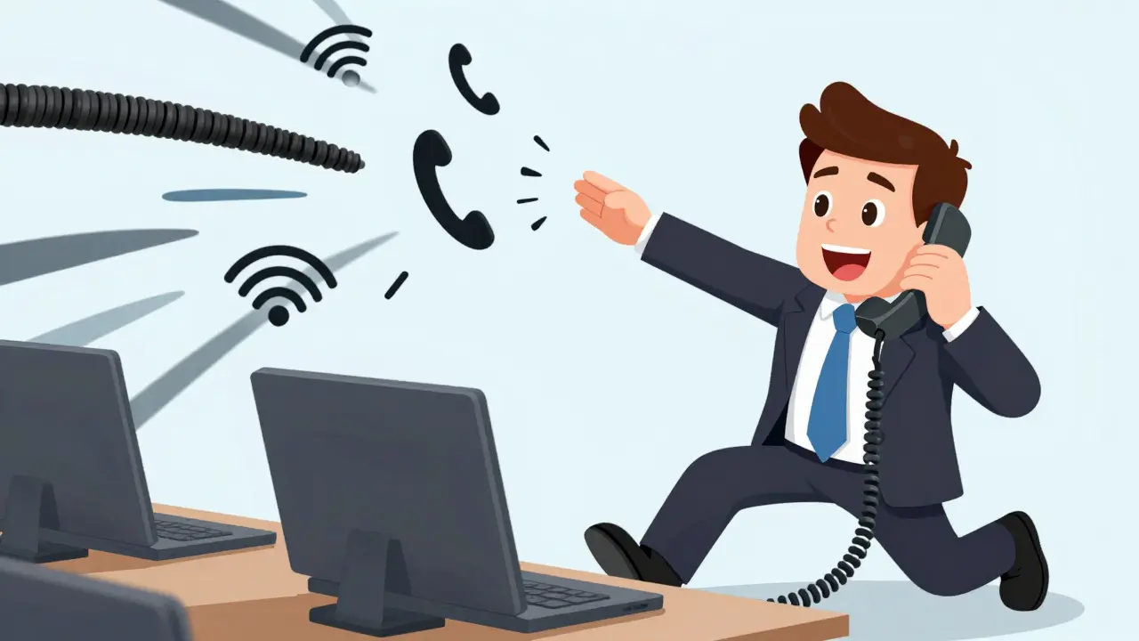 Agent reacting to viral ad call surge, phone emitting waves of call icons with stretched arms