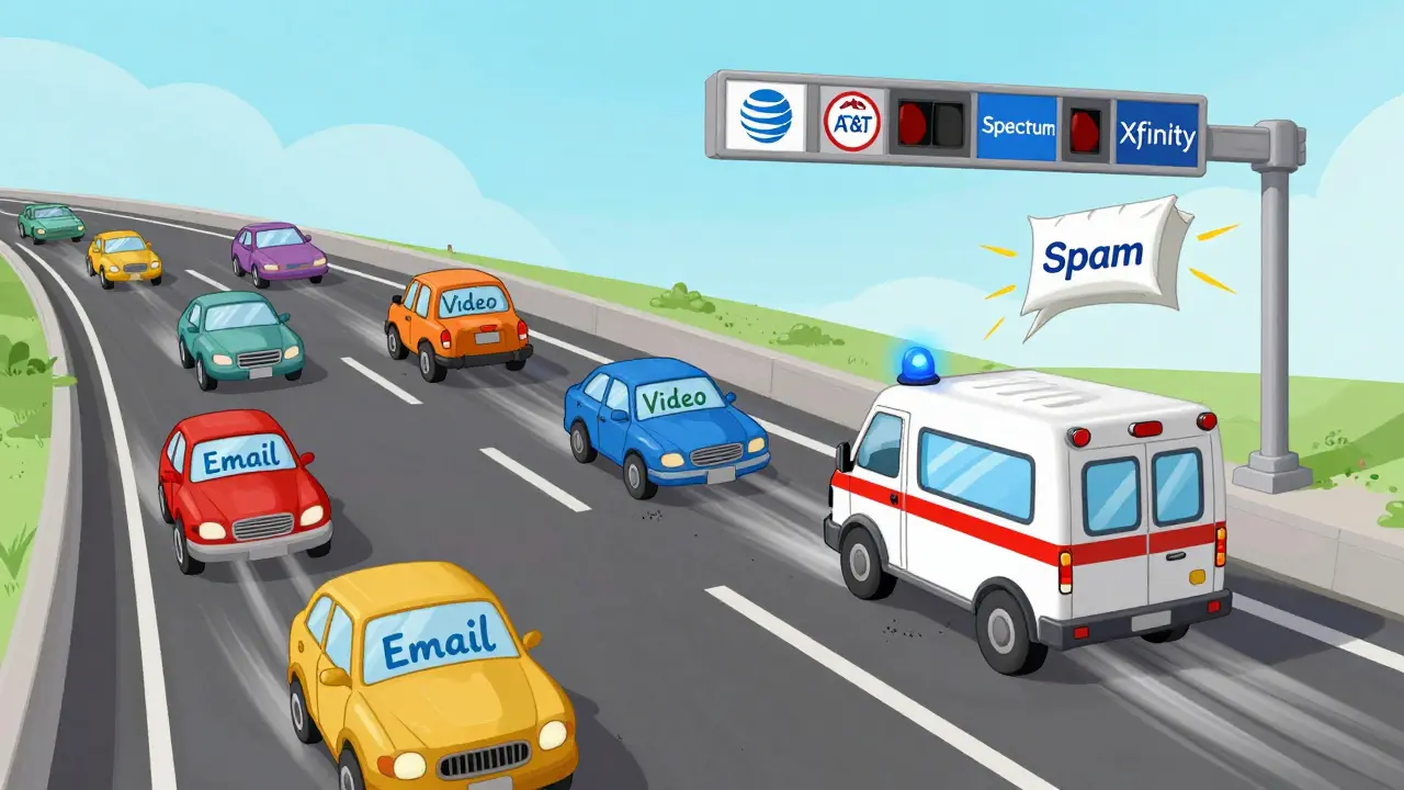 An ambulance-shaped voice packet blocked by ISP toll booths on a chaotic internet highway.