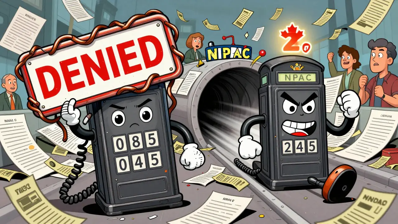 An anthropomorphic UK 0845 number blocked by a 'DENIED' sign, while a Canadian number zooms through an NPAC tunnel with a 2-day timer.