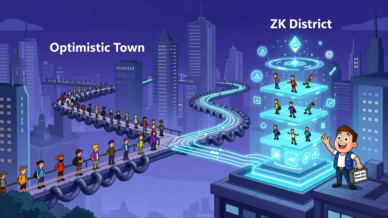 An Ethereum city with two bridges: one slow rubber hose path, the other instant glowing circuit path, with Vitalik waving above.