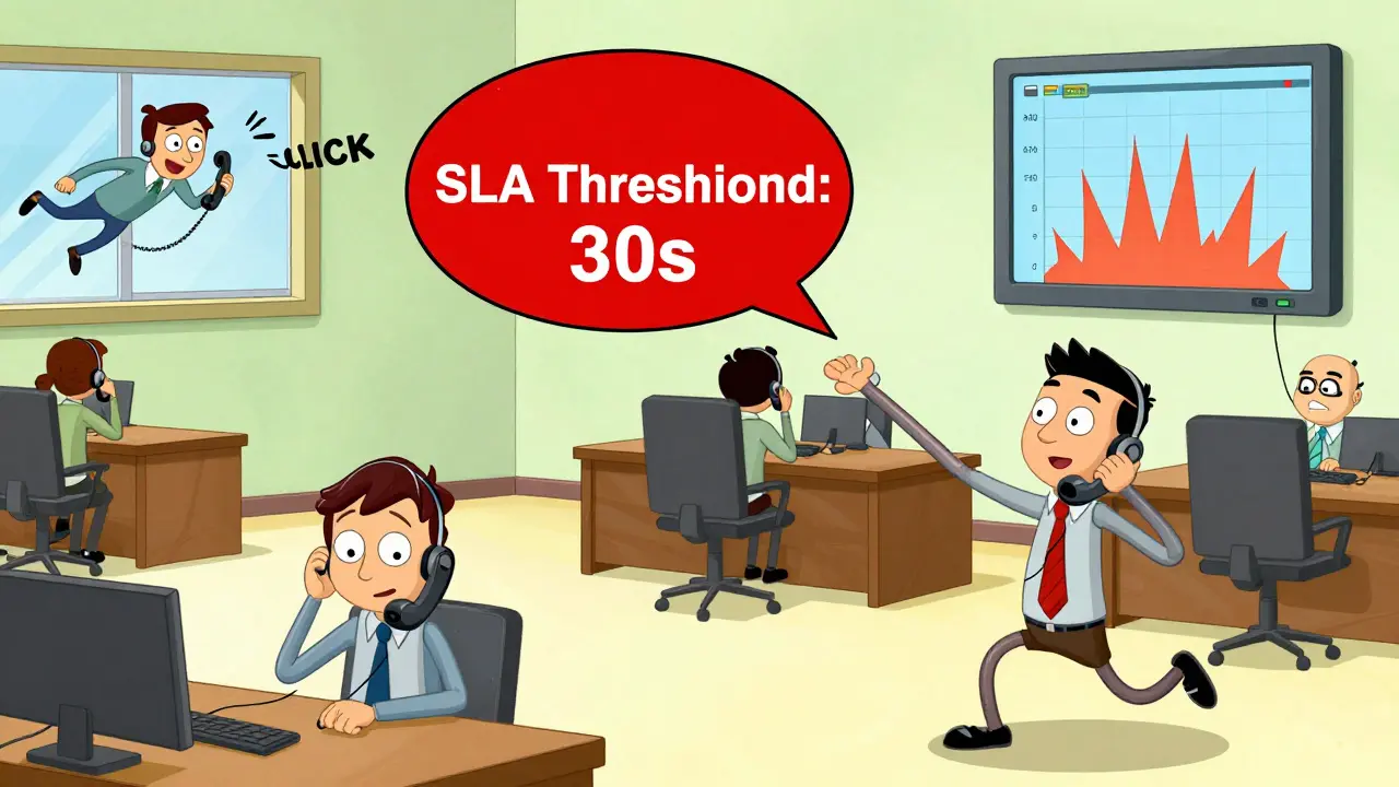Call center agents with stretchy limbs handling multiple phones, a red alert bubble over a queue meter, and a phone flying out a window during peak hour.