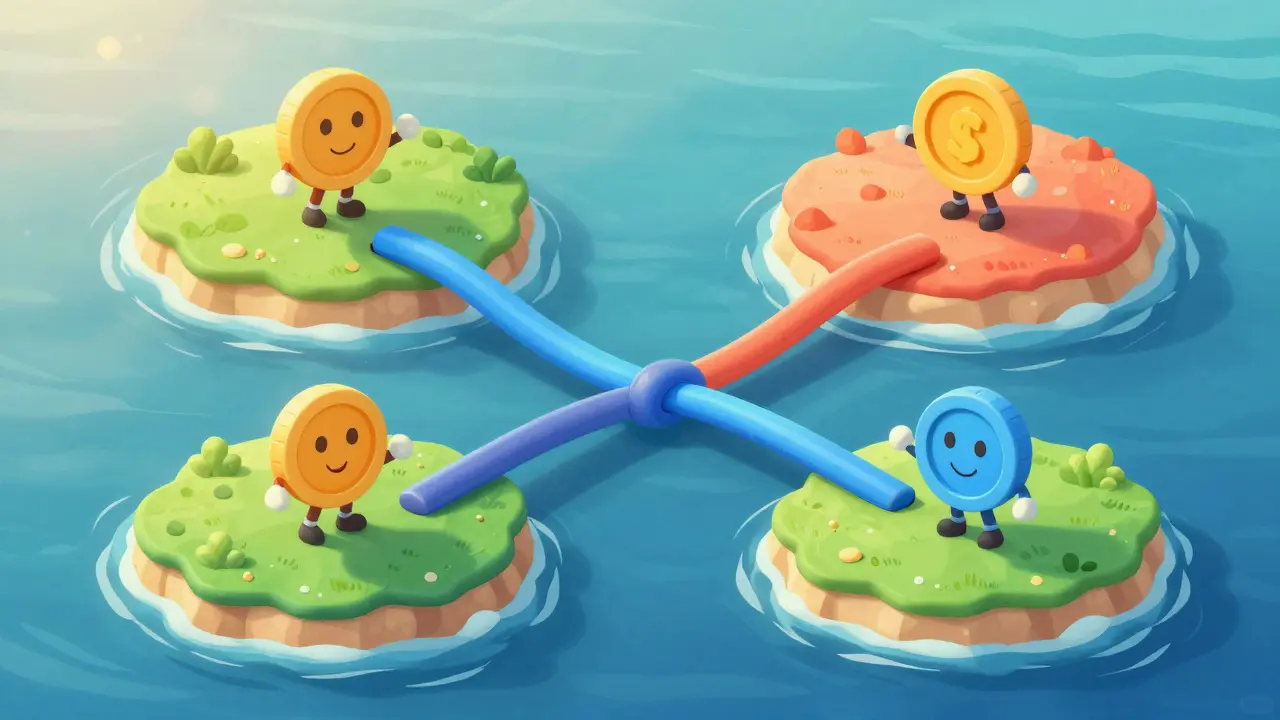 Character moving between islands on sturdy pathways with a coin in rubber hose style