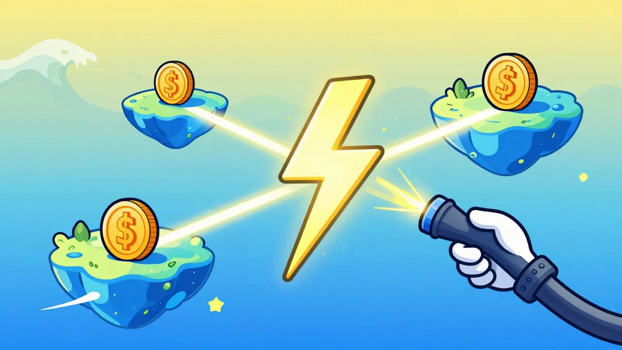 Character using lightning bolt to transfer coins between blockchain islands in rubber hose style