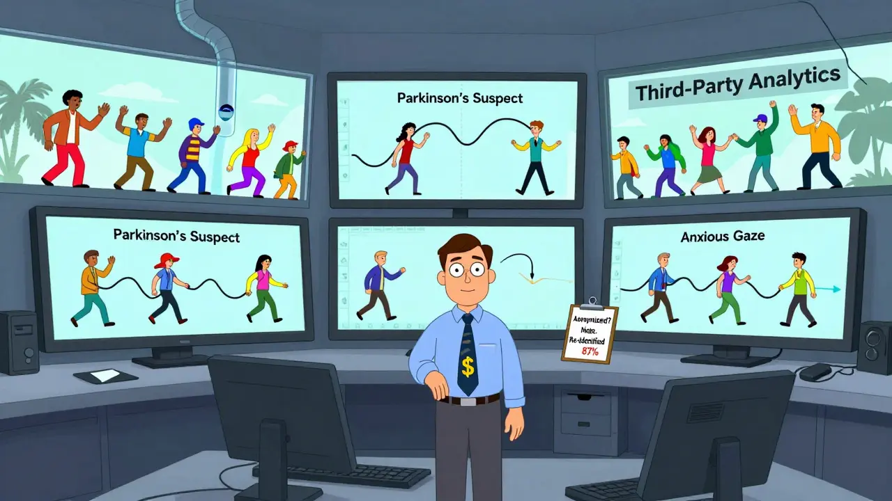 Corporate analysts tracking wiggly movement signatures of users in a control room, with ads for stress and health products.