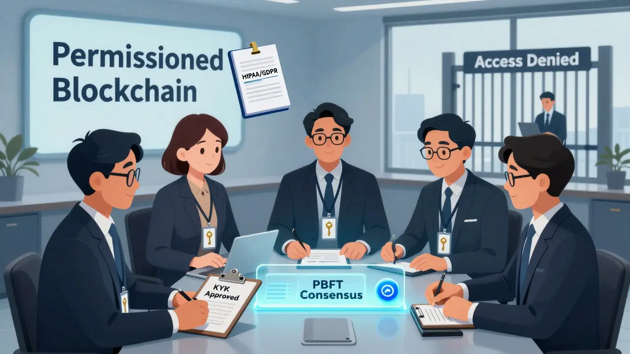 Corporate boardroom with ID-badge-wearing figures managing a private ledger, representing permissioned blockchain control.