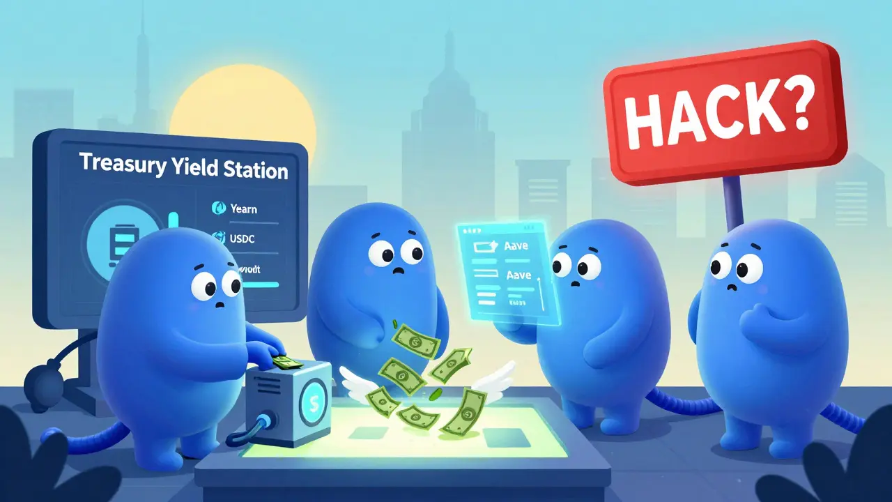 DAO members using a yield machine to turn USDC into flying dollar bills, with warning lights glowing in the background.