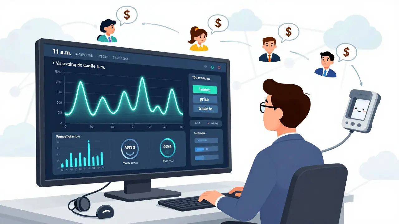 Manager watches animated call analytics dashboard with glowing keywords and floating customer avatars.