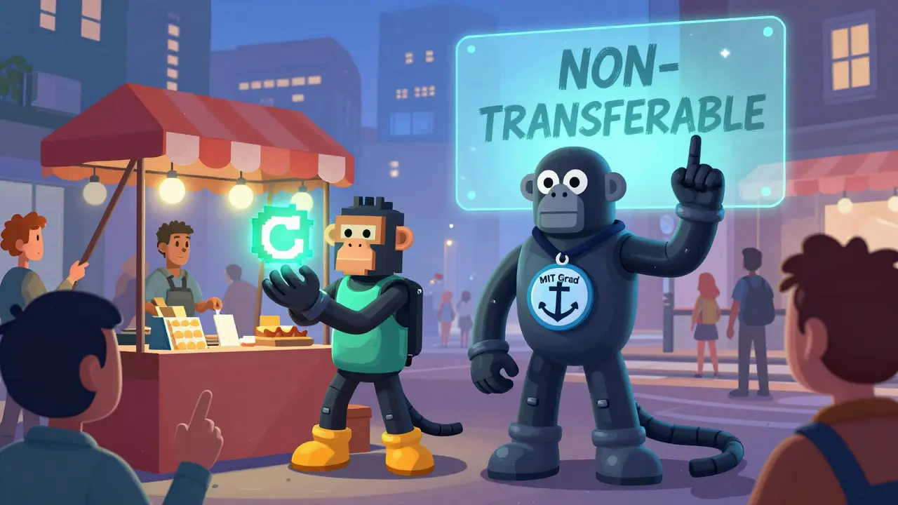 One character trading a regular NFT while another proudly displays a non-transferable soulbound token on their chest.