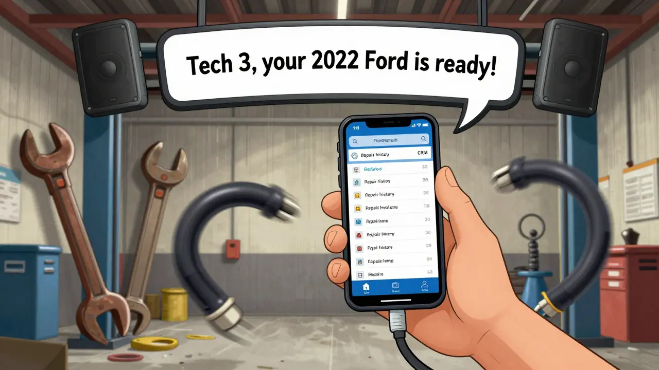 Service advisor uses smartphone to receive call and hear overhead announcement in garage setting.