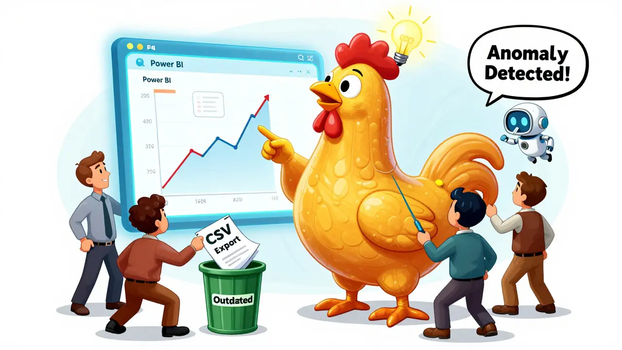 Team gathers around a rubber chicken-shaped Power BI dashboard, pointing at a rising chart as an AI robot whispers 'Anomaly Detected!'.