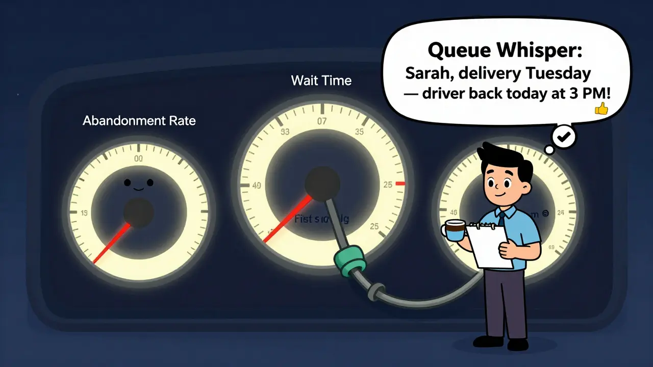 A cartoon dashboard with smiling metrics, an agent calmly handling calls, and a queue whisper message appearing above.
