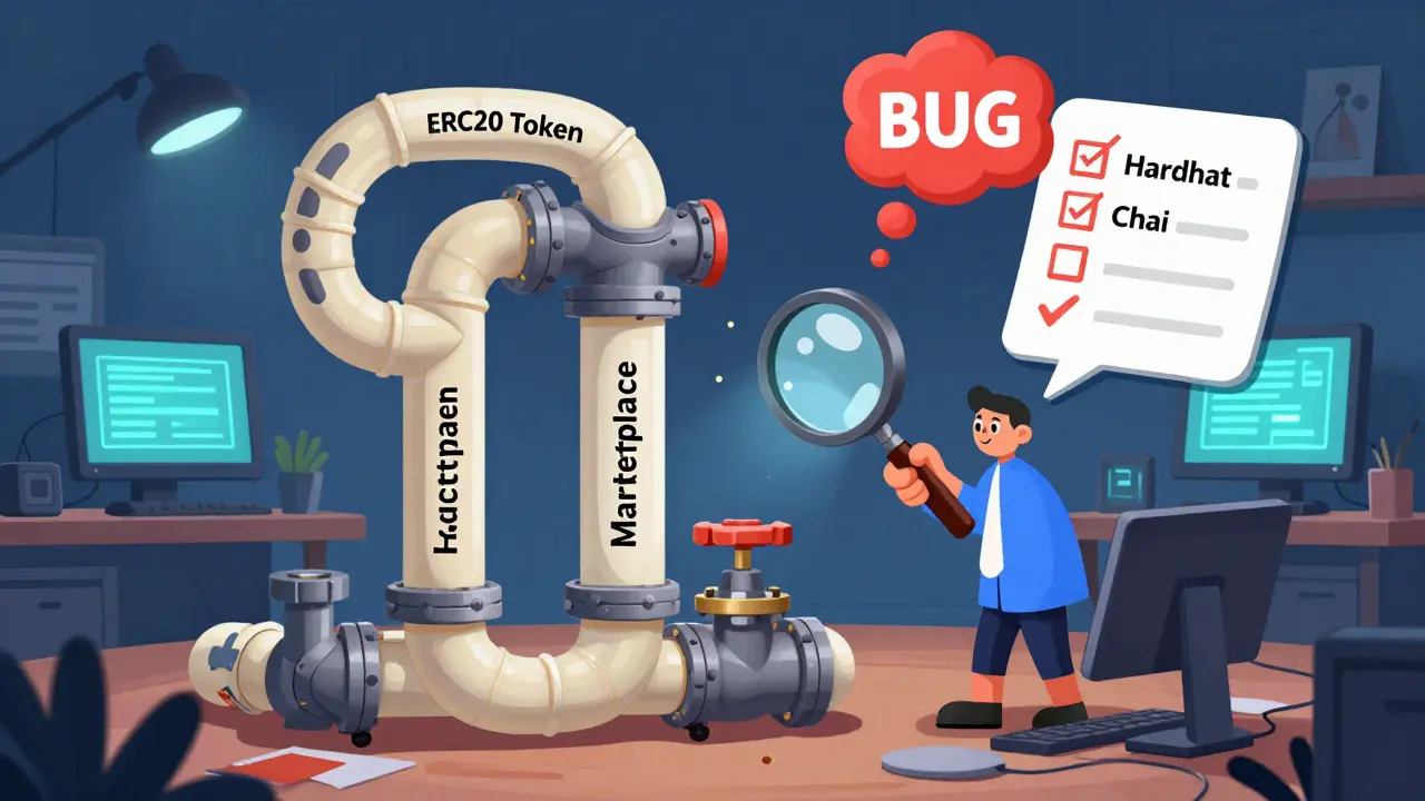A cartoon developer examines a wobbly smart contract with leaking 'BUG' smoke, surrounded by testing tools.
