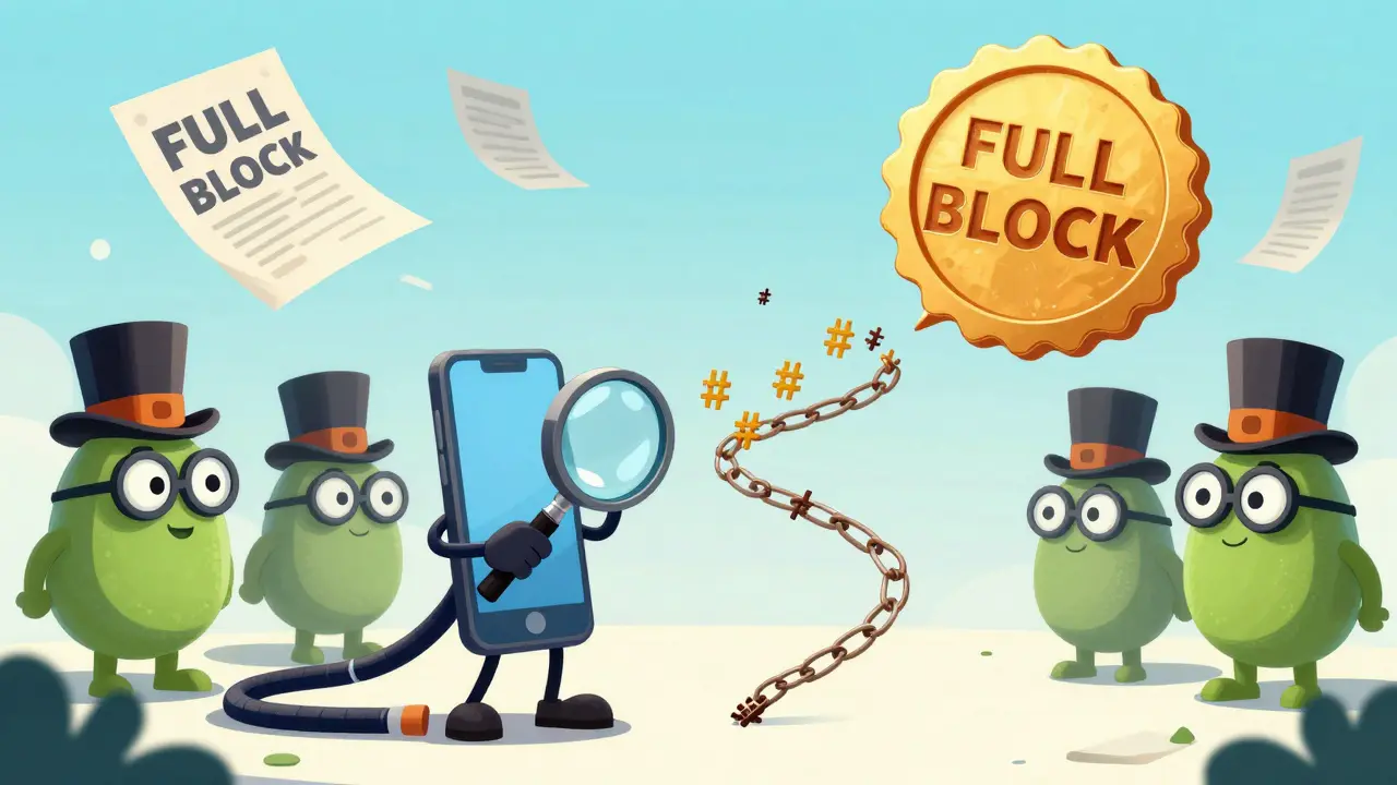 A cartoon smartphone verifying a transaction using a path of hashes to a Merkle root seal.