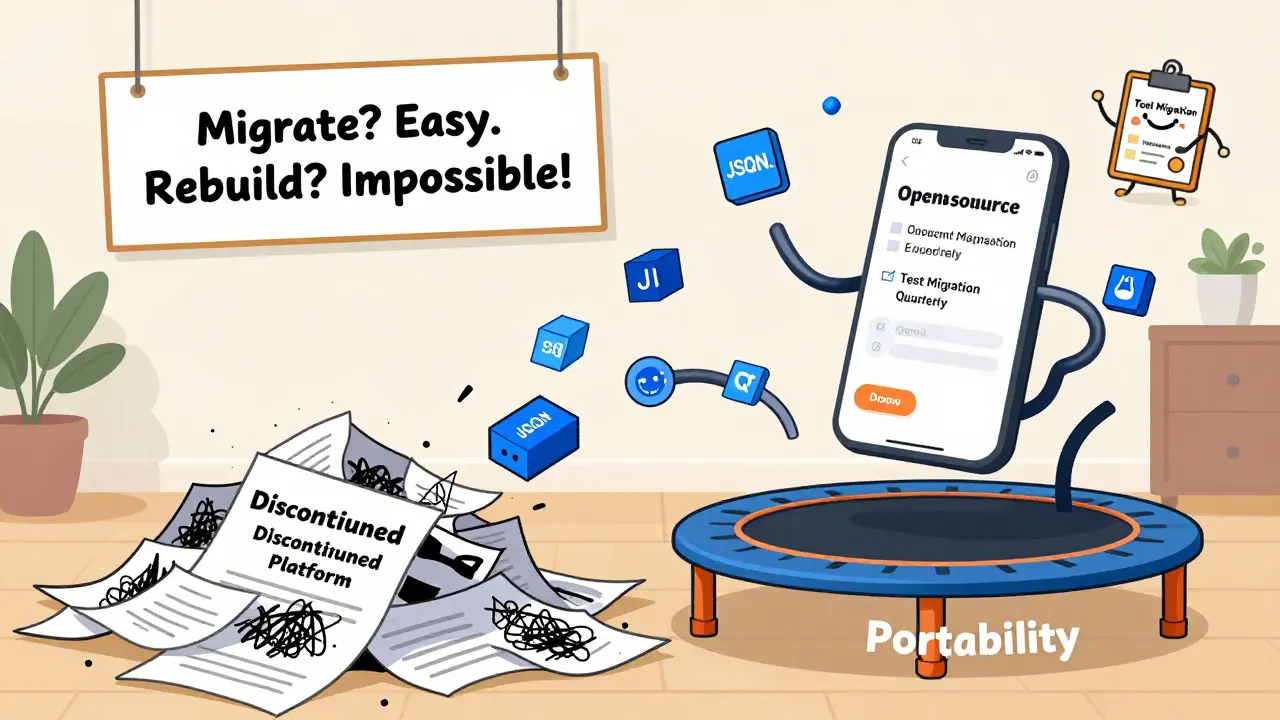 A collapsed proprietary app contrasts with a bouncing open-source app on a multi-cloud trampoline.