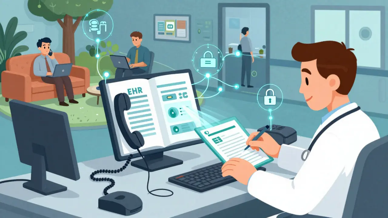 A doctor at a desk connected to an EHR chart and secure texts, with remote staff answering calls from various locations via glowing data streams.