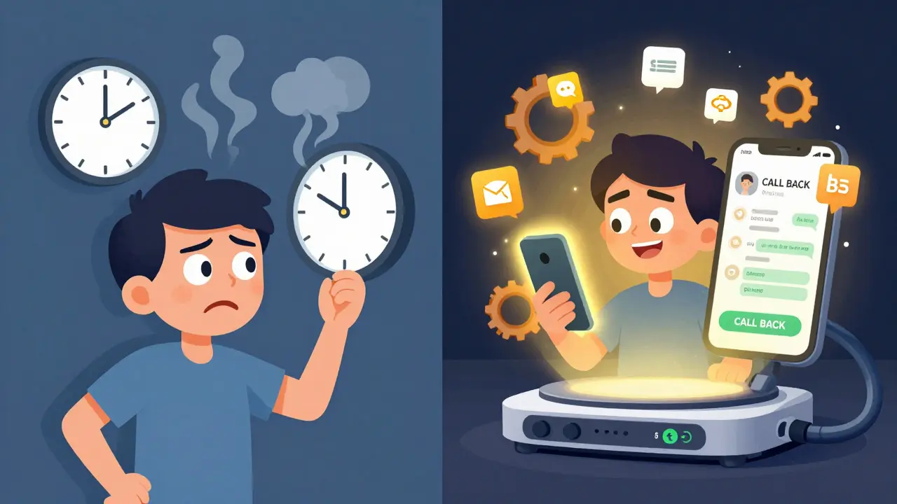 A frustrated customer on one side, happily receiving a callback on the other, with CRM data floating around the phone.