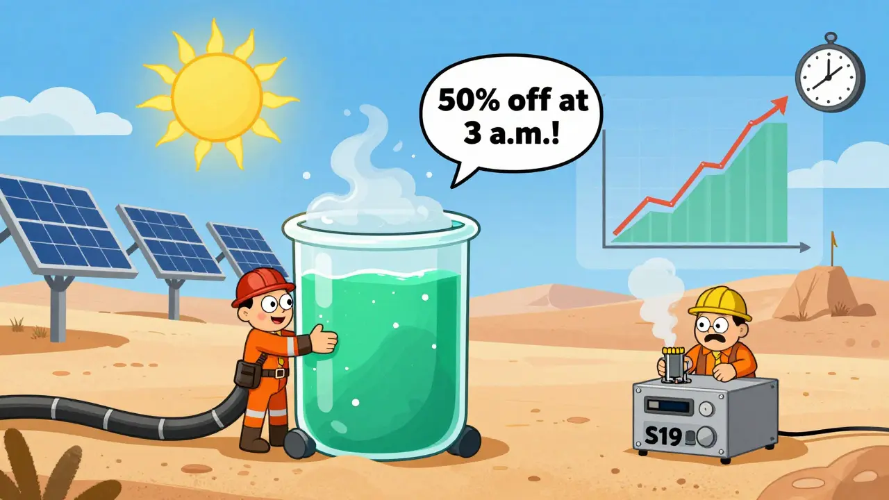 A miner cools rigs in green fluid under solar panels, while a rival rig overheats and a difficulty graph rises like a rollercoaster.