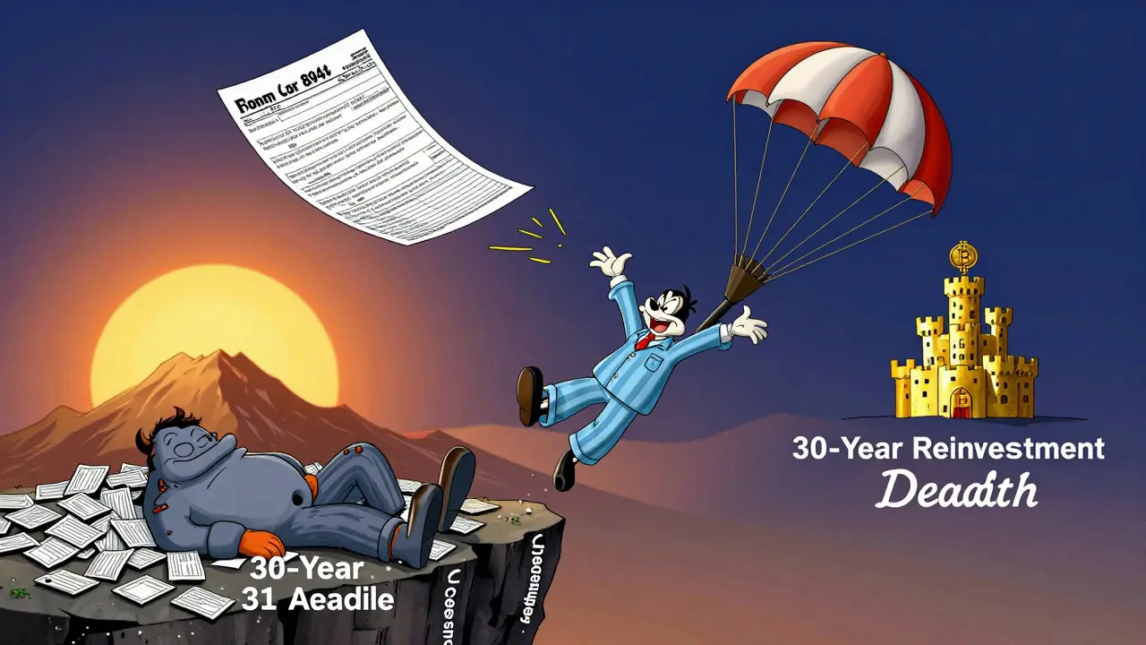 A pajama-clad investor jumping off a deadline cliff toward a tax-form parachute as IRS monster sleeps below.