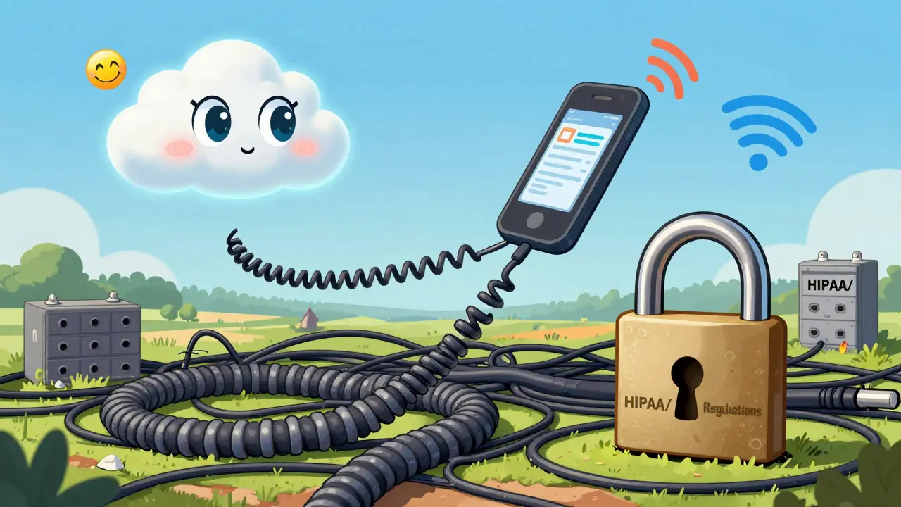A phone call flies toward a glowing cloud with AI features or a maze of wires and locks, symbolizing cloud vs. on-premise choices.