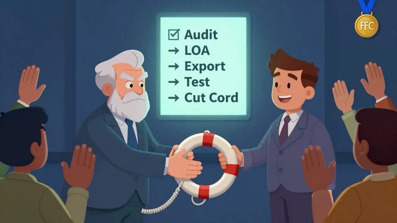 A phone number rope is passed from an old VoIP provider to a new one, with customers and a completion checklist in the background.