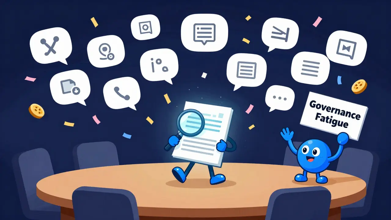 A proposal bubble floats above contributors as tokens rain down, with a walking smart contract in the foreground.