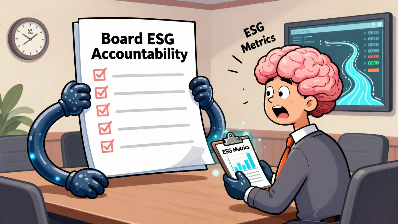 A stretchy CEO being scolded by a floating ESG checklist in a cartoon boardroom with glowing metrics and a ticking clock.