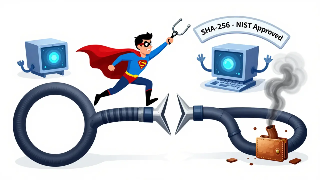 A superhero wallet crossing a blockchain fork using a Merkle proof to stop a tampered root.