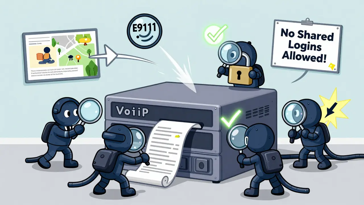 A team of magnifying glasses and padlocks auditing a VoIP system, checking audit logs and testing E911 location tracking.