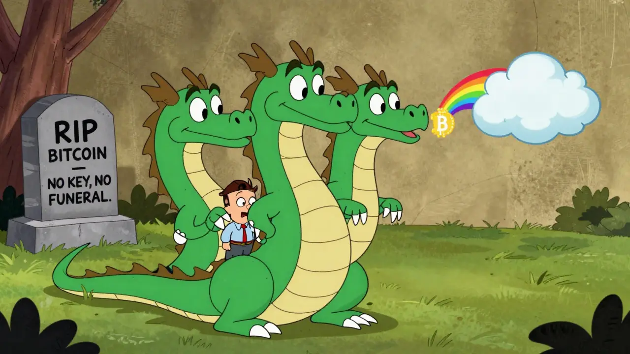 A three-headed dragon wallet only activates when two heads agree, as a funeral for lost Bitcoin looms in the background.