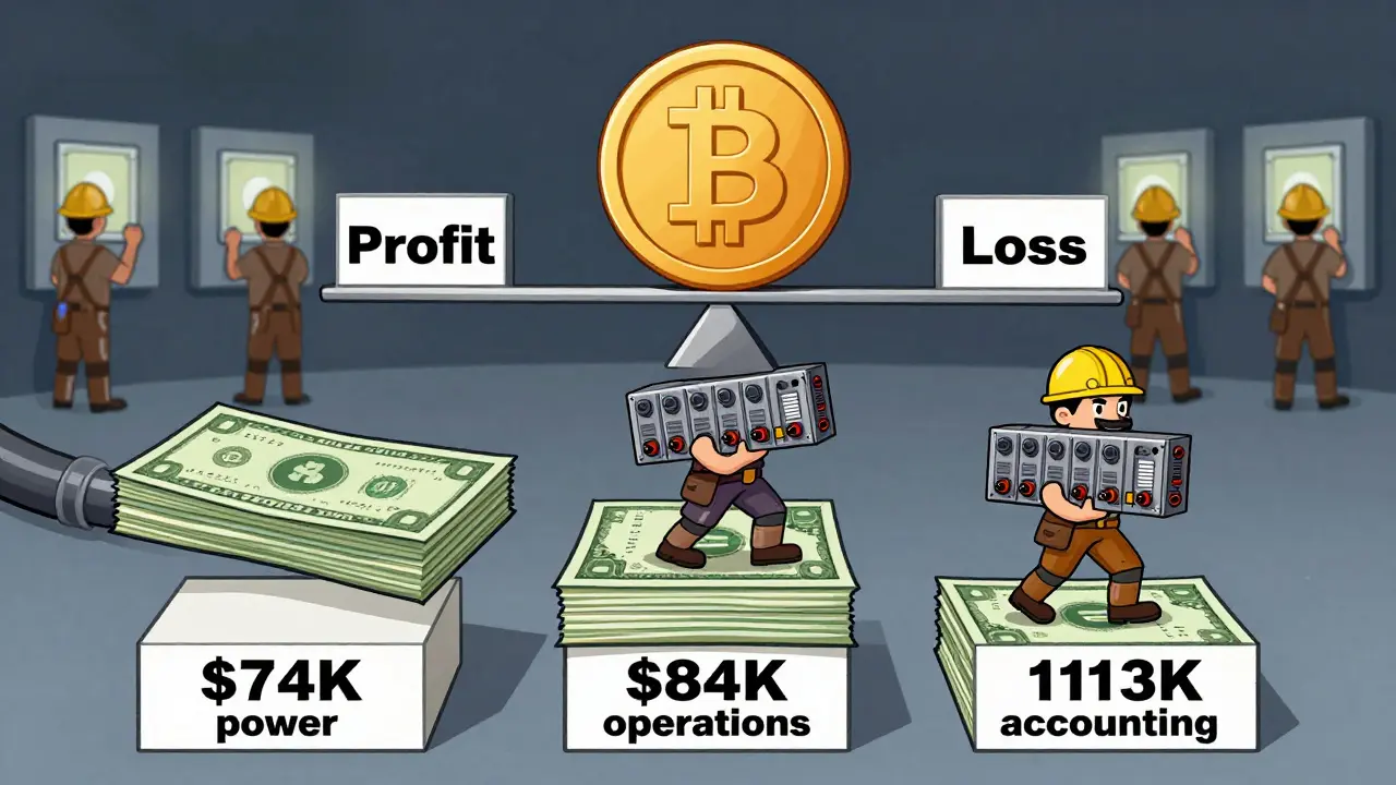 A tiny miner climbs three stacked dollar bills labeled with Bitcoin break-even points, while a seesaw balances profit and loss above.