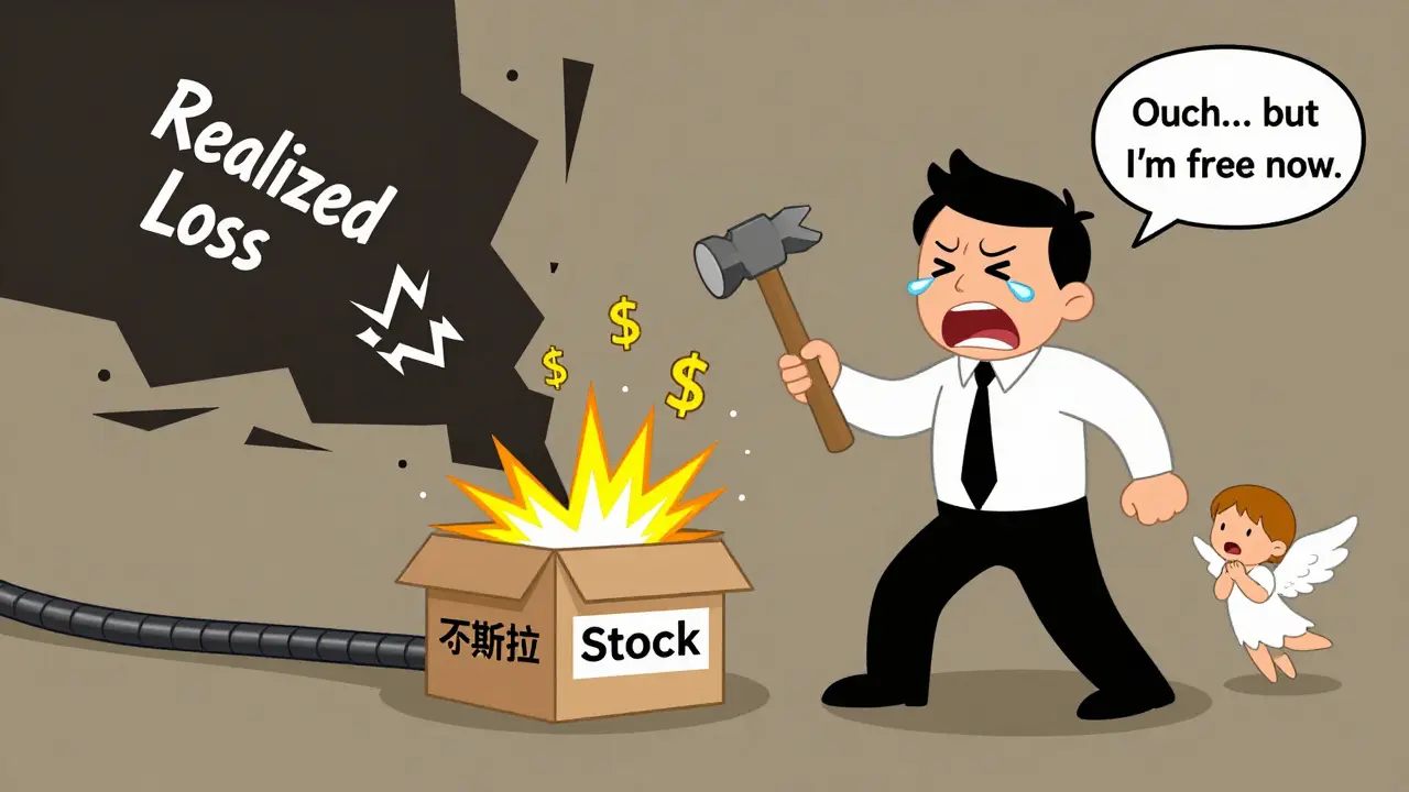 A trader smashes a closed mental account box, releasing a jagged 'Realized Loss' shadow while emotional tears fall.