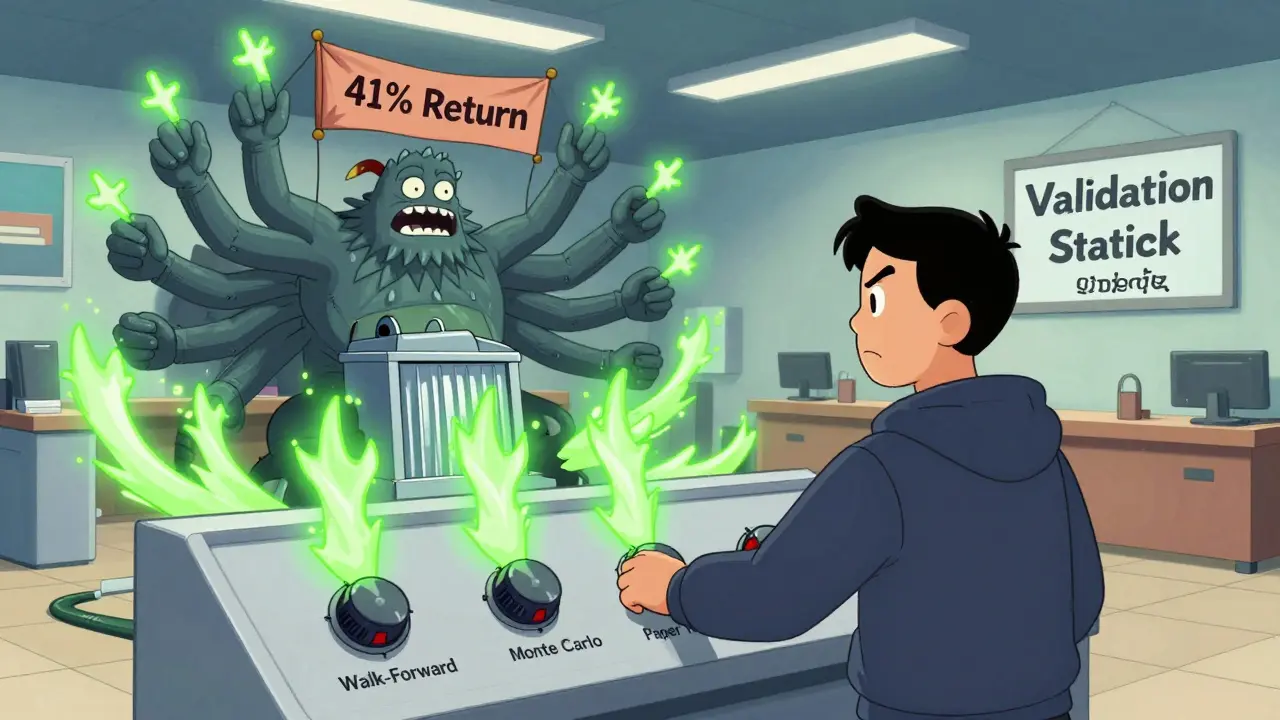 A trader turning validation dials as an overfit monster gets shredded, in rubber hose cartoon style.