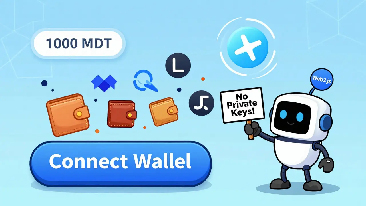 A user clicks 'Connect Wallet' as multiple wallet icons pop out, while a robot reminds them not to share private keys.