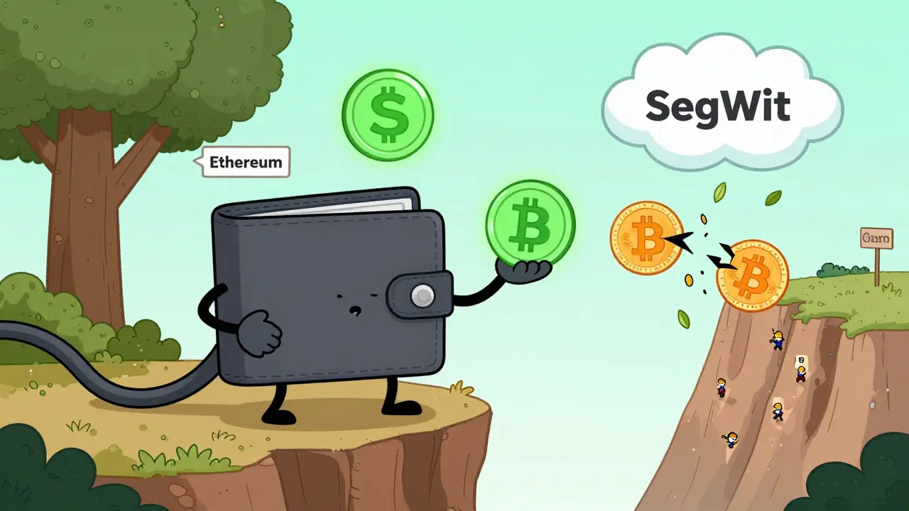 A wallet stands on a cliff, holding one coin that glows peacefully and another that splits into two separate coins, in rubber hose cartoon style.
