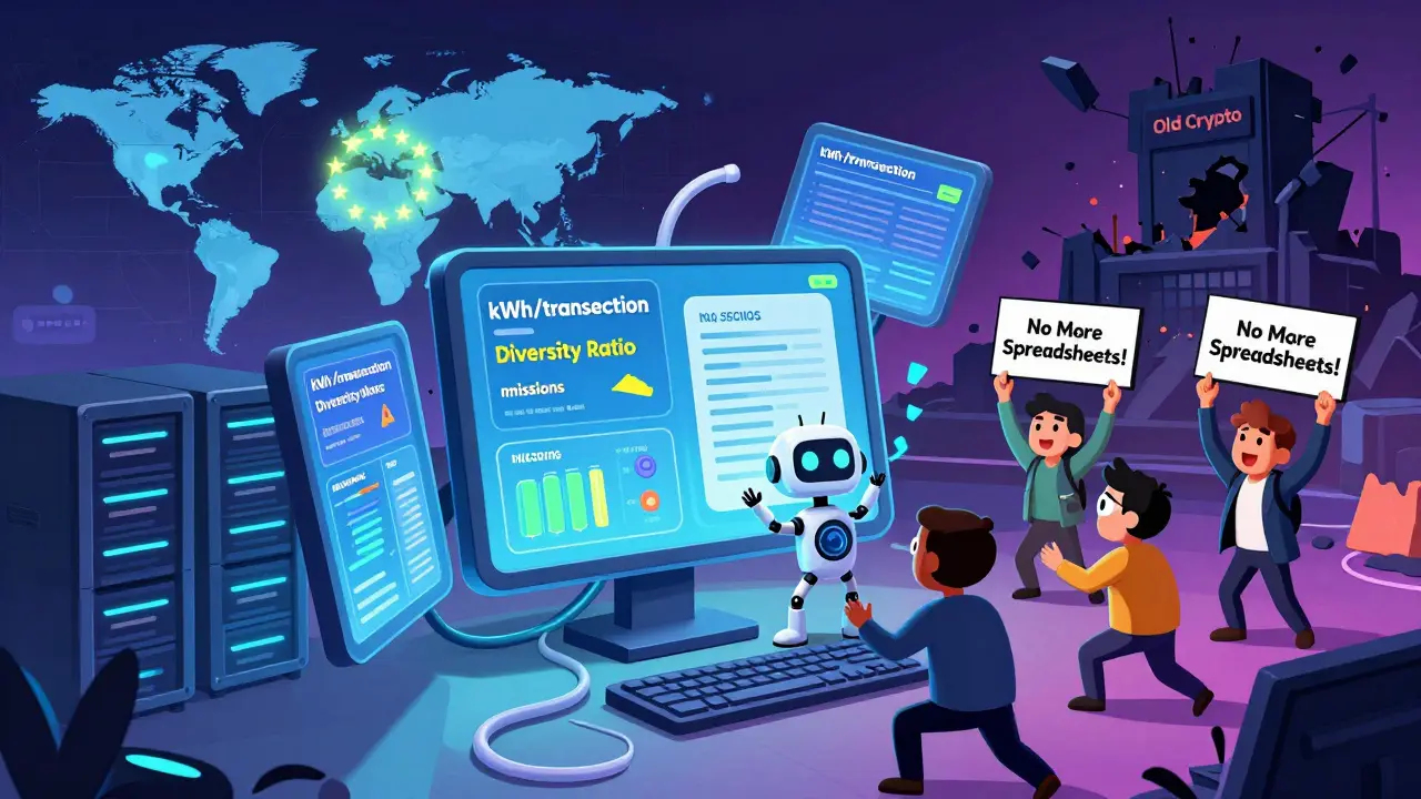 A whimsical AI dashboard auto-generating ESG reports while employees celebrate, with global regulatory zones glowing in the background.