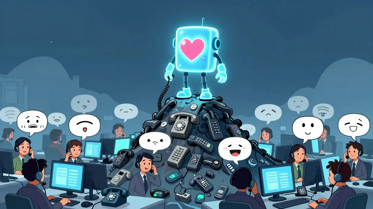 An AI system with a heart-shaped core stands above discarded IVR phones as human agents handle complex cases in a modern call center.