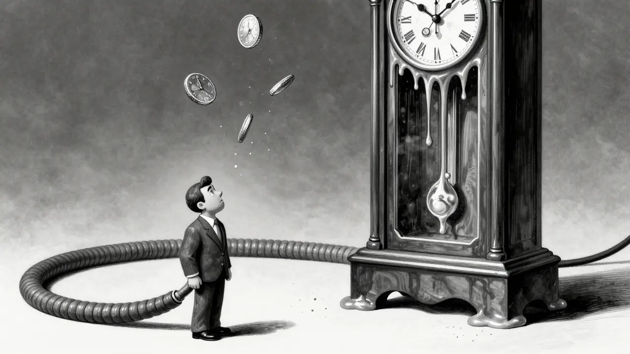 Animated figure watching a melting clock tower in black and white.