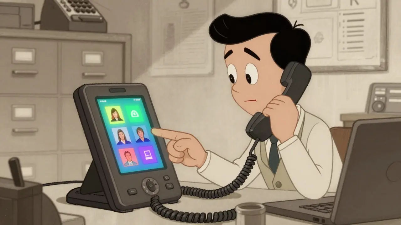 Animated office worker interacting with a colorful VoIP screen