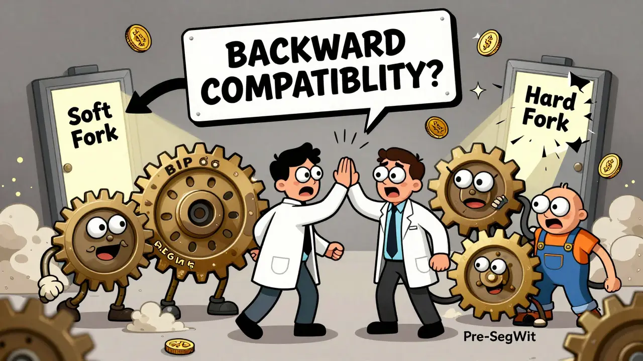 Anthropomorphic gears argue over an upgrade, one group installing a new gear while others cling to an old one, in rubber hose cartoon style.