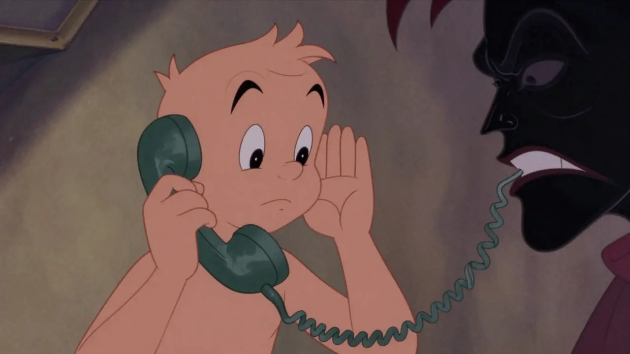 Cartoon person listening to a deceptive voice on a phone
